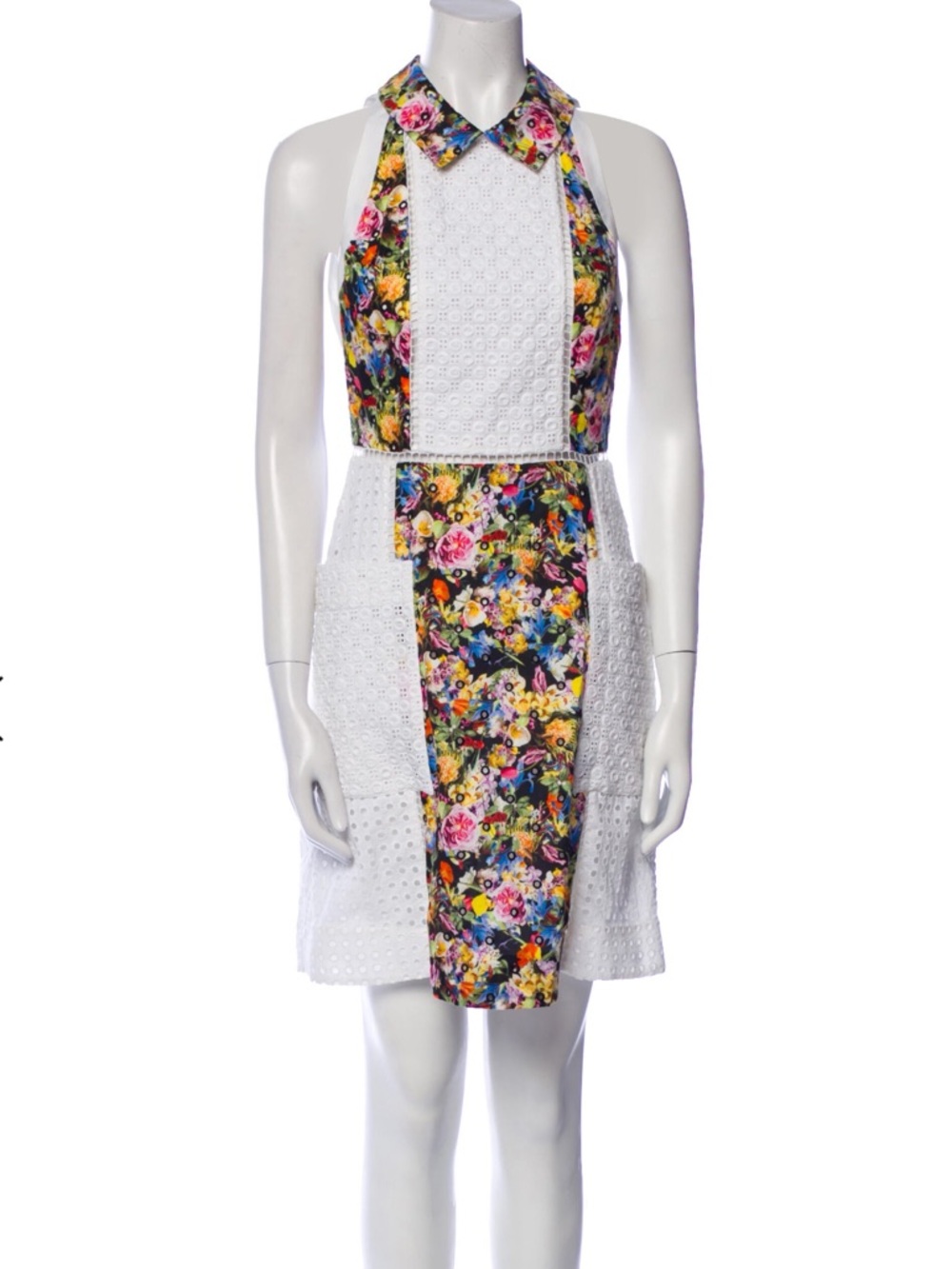 MARY KATRANTZOU White Eyelet Dress with Multicolor Floral Panels